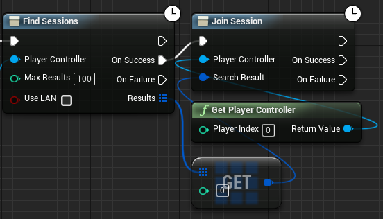 Attaching the join session node to the on success pin of the find sessions node
