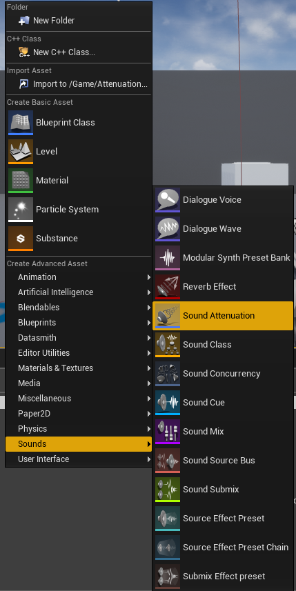 Creating the sound attenuation class in the advanced asset menu.