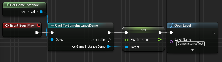 Setting the health variable to 50 and opening the next test level