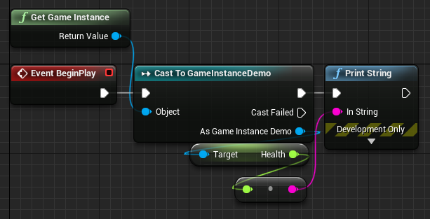 The second level blueprint code containing a print string to show the value of health on the screen