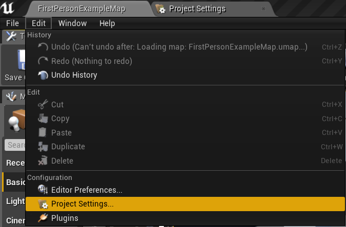 Project settings option