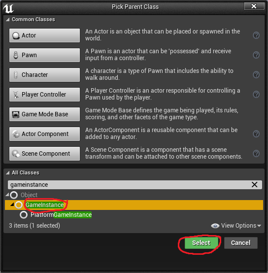 Selecting the game instance class to create