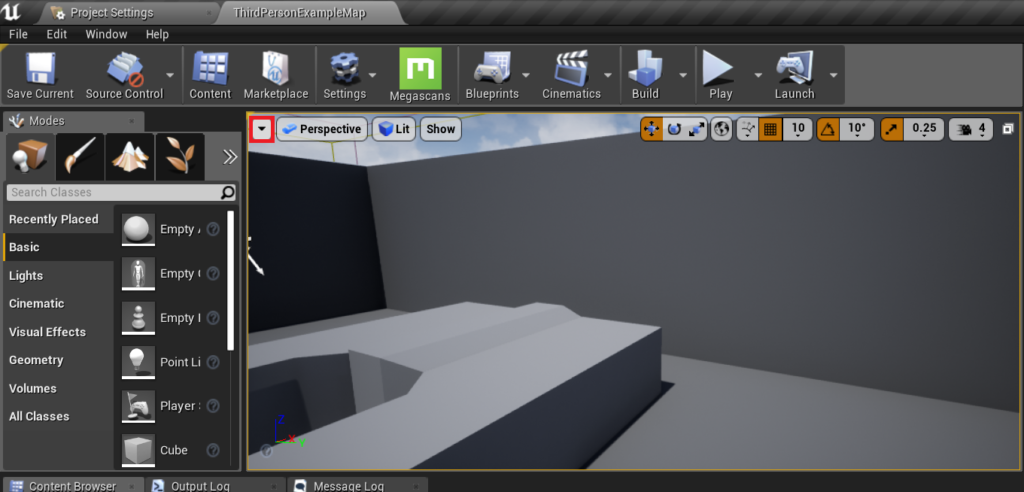 Opening the dropdown box in the top left corner of the viewport.