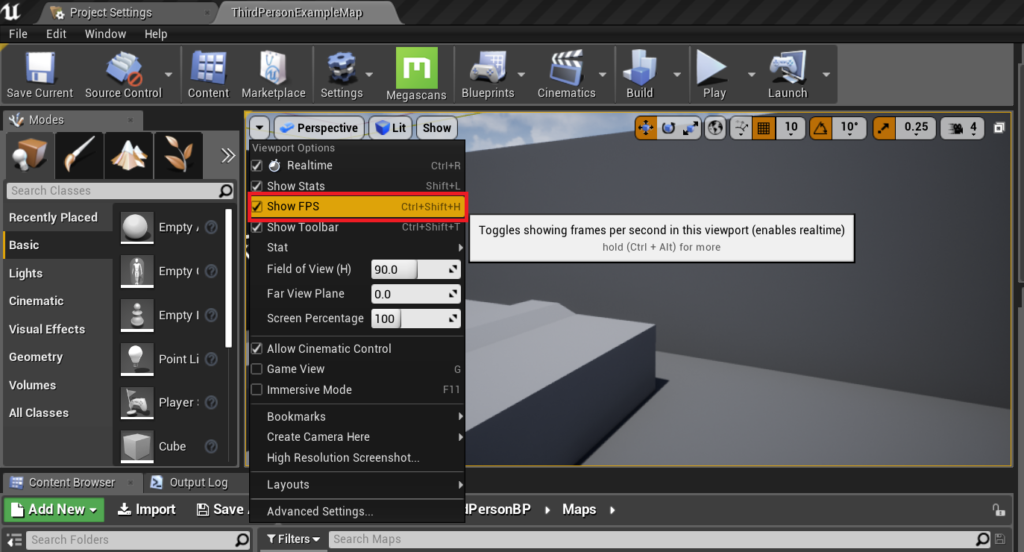 Enabling the fps counter in the viewport.