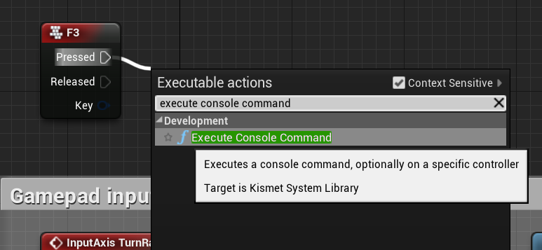 Adding the execute console command node to the f3 key press event