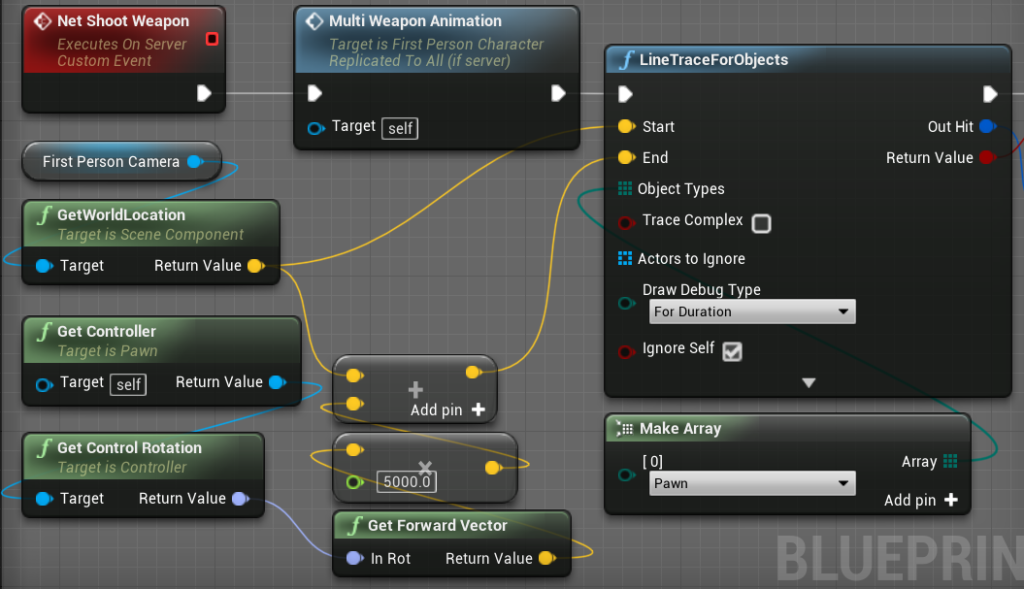 Connecting the line trace for objects node to the server shoot weapon event