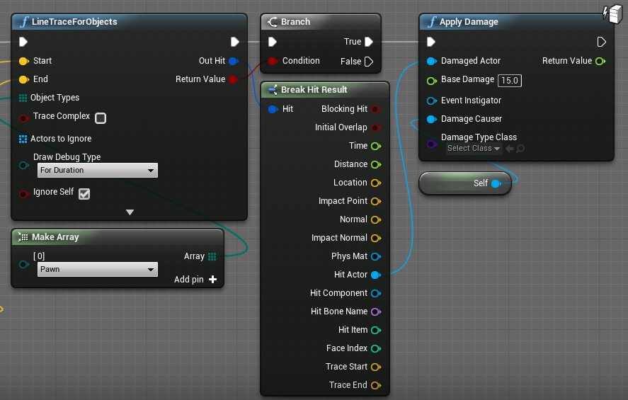 The last step to complete the Line Trace for Objects node and apply damage node.