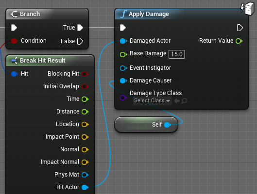 A close up of the break hit result connecting to the Apply Damage node