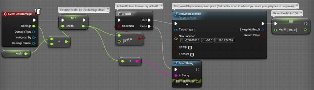 Easily debugging player health by adding a print string node