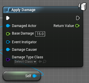 The apply damage node with the damage set to 15.0