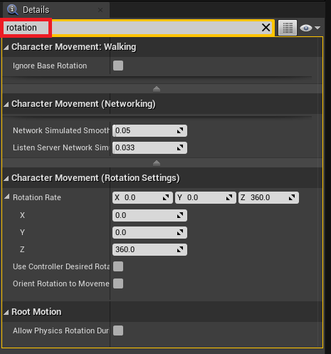 Searching in the details panel for Rotation settings