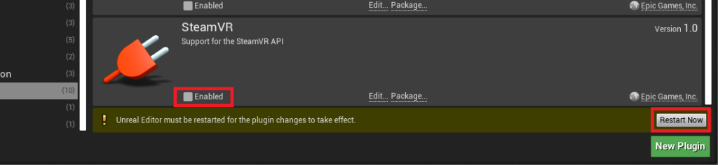 Disable the SteamVR plugin by clicking on the Enabled checkbox. Then click the restart now button to apply these changes to the UE4 editor.