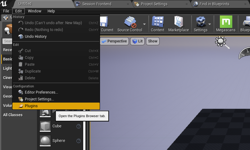 Opening the Plugins menu of Unreal Engine 4