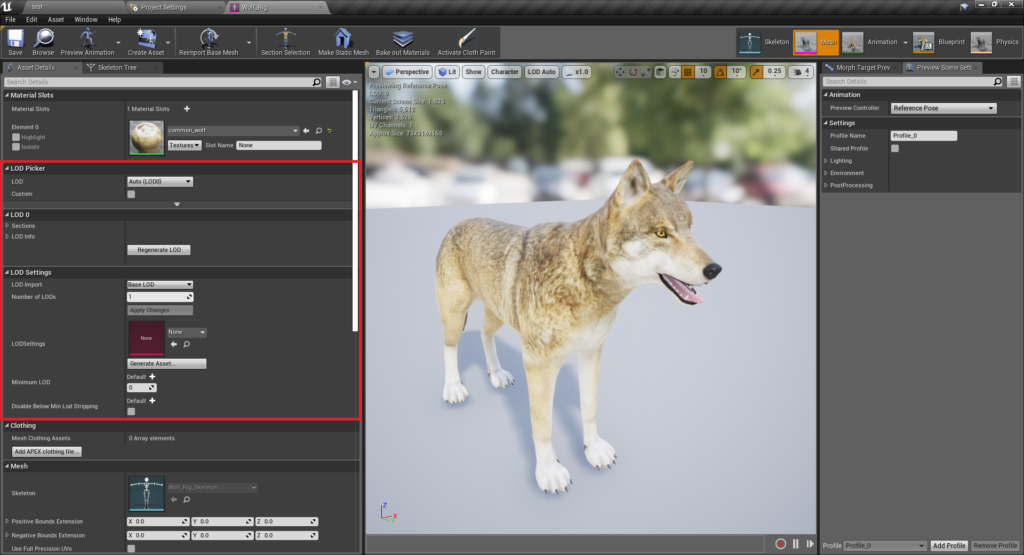 Finding the LOD settings in the skeletal mesh details panel.