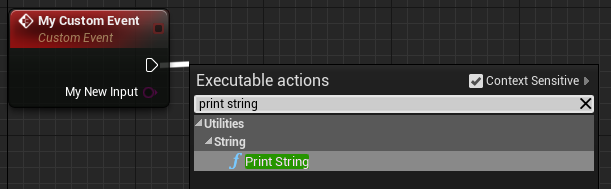 Creating a print string node to test the custom event input value.