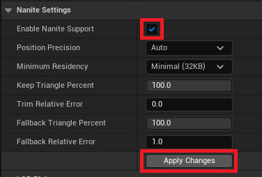 Enabling nanite support and applying changes to the mesh