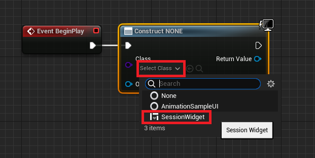 Setting the widget class to spawn to SessionWidget created earlier