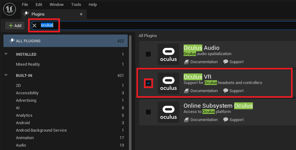 Enabling the Oculus VR plugin