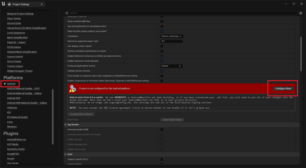 Configuring the android platform settings