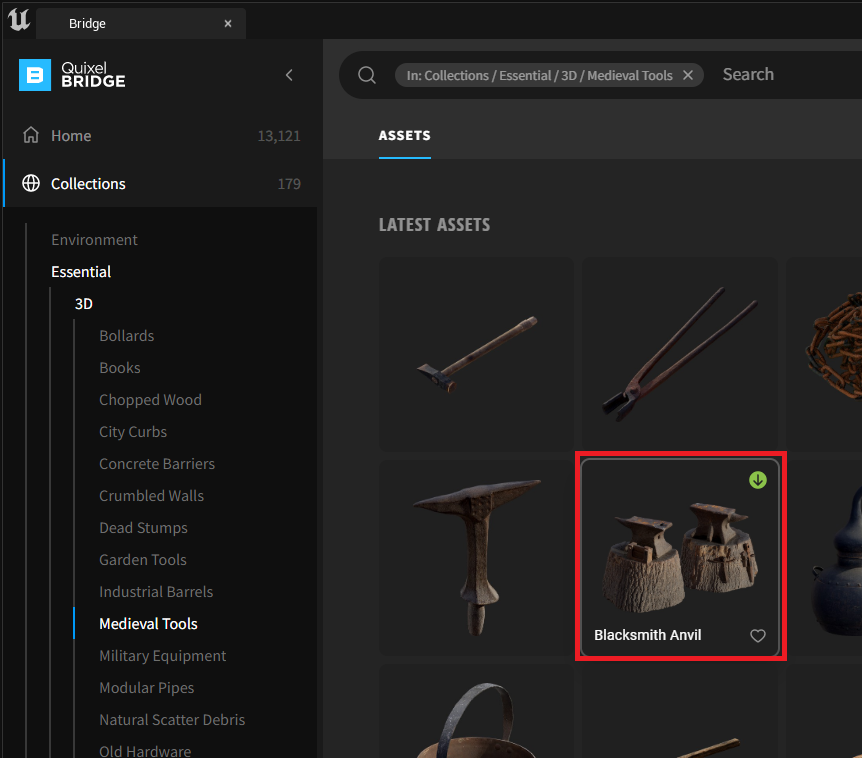 Choosing an anvil asset from Quixel Bridge megascans library