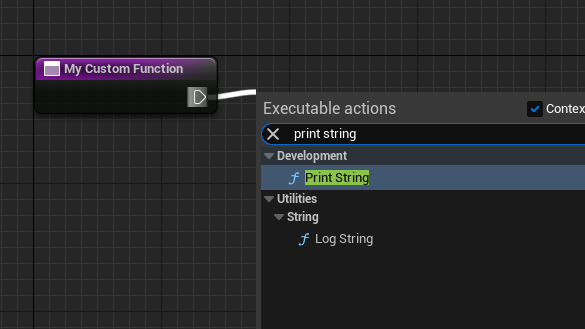 Adding the print string node to the new custom function