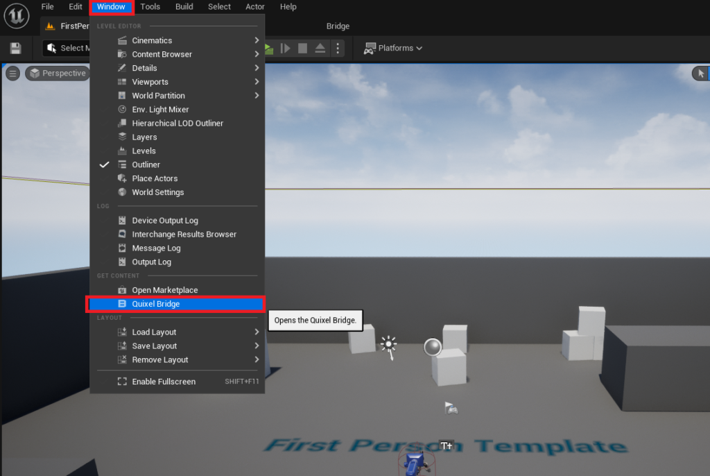 Opening the Quixel Bridge tab in the Unreal Engine 5 editor.