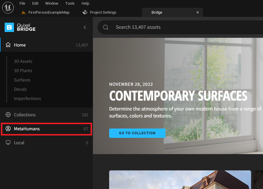 Clicking the MetaHumans tab in the Quixel Bridge window.