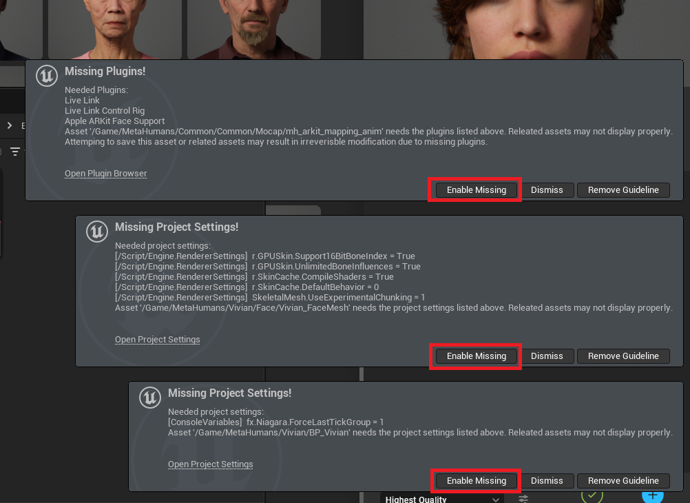Enabling missing plugins and project settings used for MetaHumans