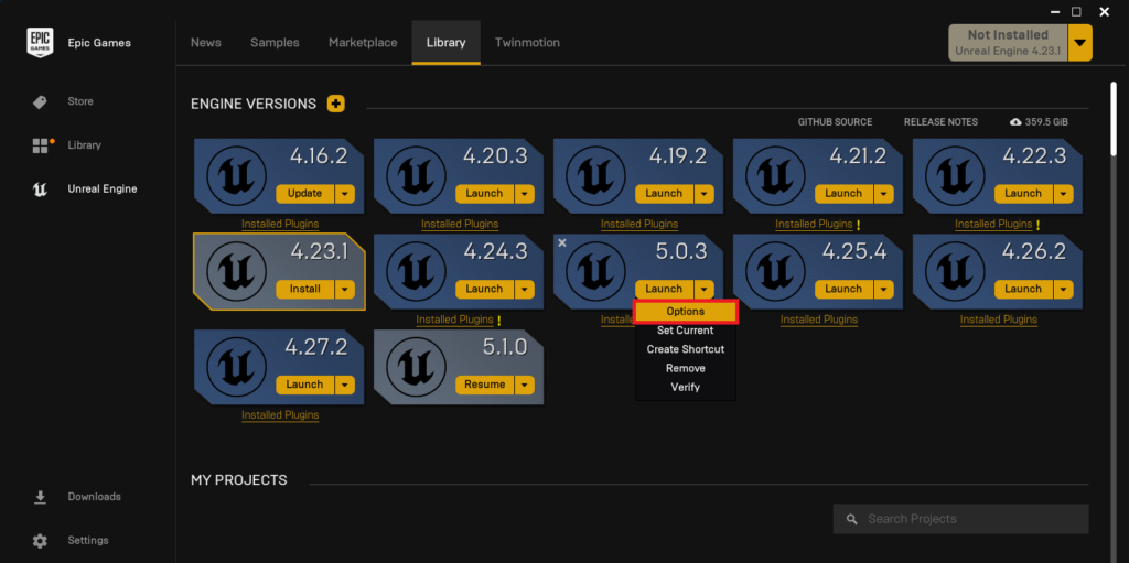 Opening the install options of Unreal Engine 5