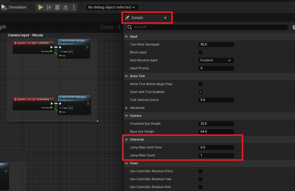 Finding the character and jump parameters in the blueprint editor