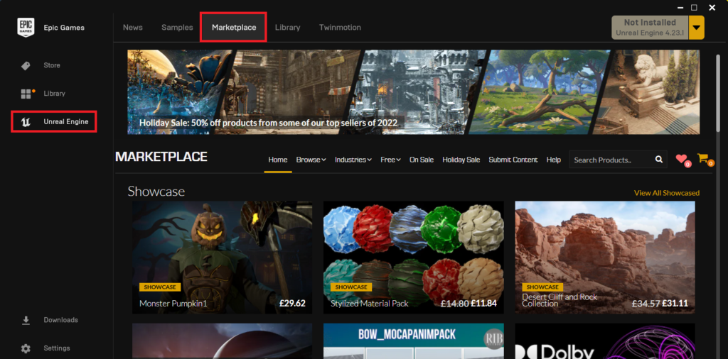 Unreal engine marketplace in the epic games launcher