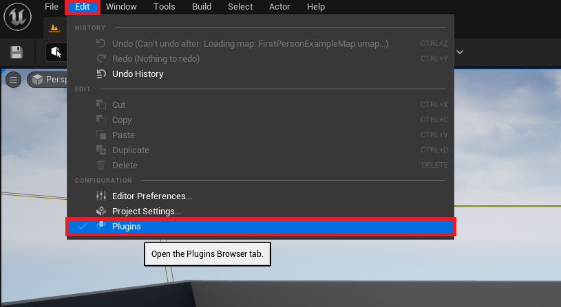 Opening the Unreal Engine plugin tab