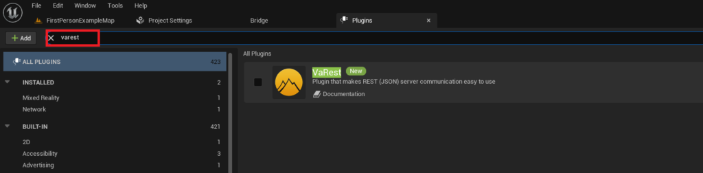Finding the VaRest plugin in the plugins tab