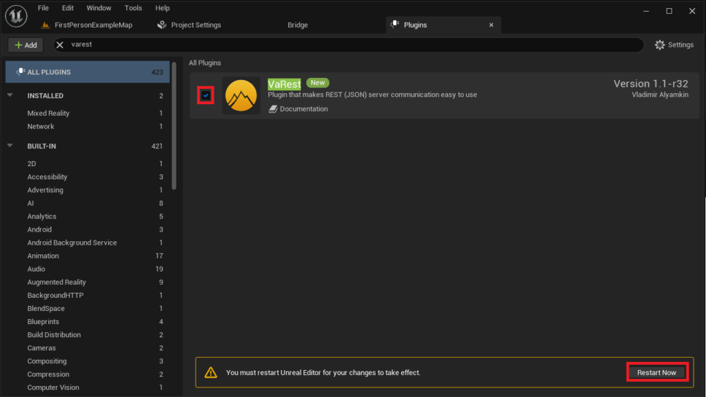 Enabling the VaRest plugin in the Unreal Engine 5 project