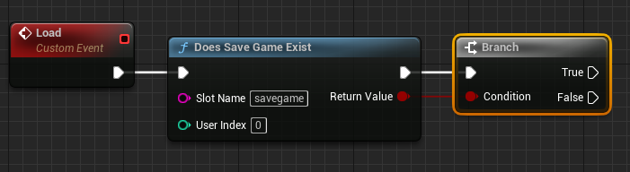 Creating a branch node from the Does Save Game Exist node.