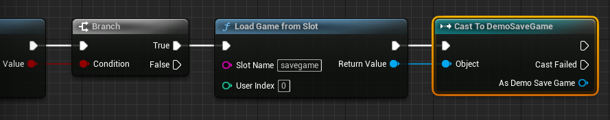 Creating the Cast to DemoSaveGame node from the Load Game from Slot blue output pin.