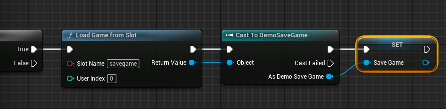 Setting the SaveGame object variable to the output of the Cast to DemoSaveGame node.