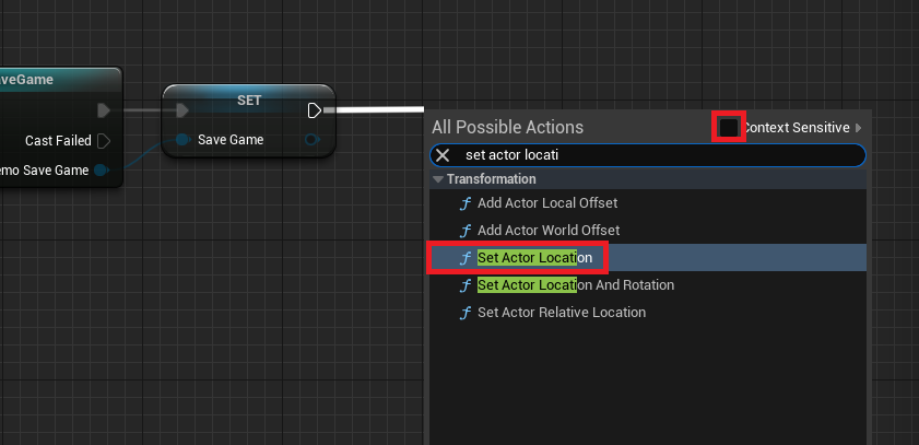 Creating a Set Actor Location node from the Set Save Game node.