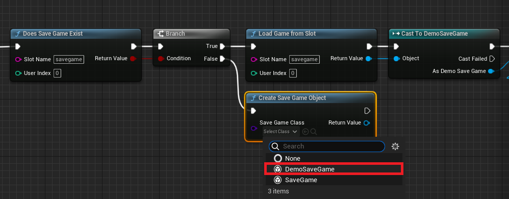 Creating a Save Game Object from the false pin on the branch node.