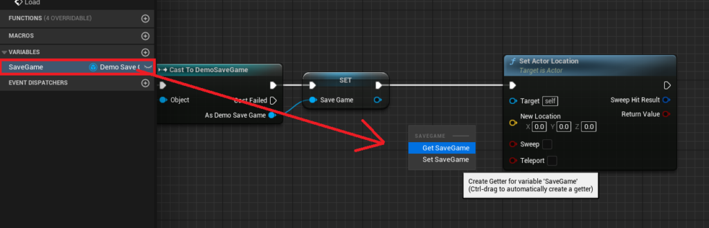Creating a Get Save Game node from the SaveGame variable.