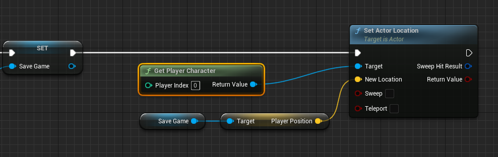 Creating a Get Player Character variable and assigning the output pin to the Set Actor Location Target pin.