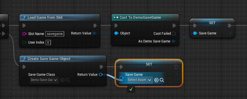 Setting the SaveGame variable to the return value of the Create Save Game Object node.