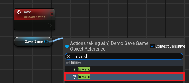Creating an Is Valid node connect to the SaveGame variable value.