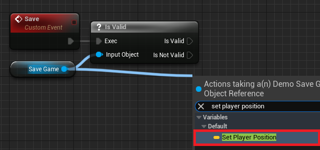 Setting the Player Position variable if the SaveGame object reference is valid.