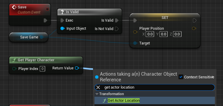 Creating a get player character node and getting the actor location.
