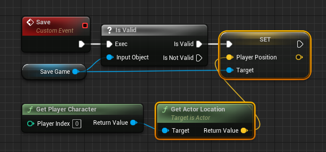 Connecting the Get Actor Location output value to the Set Player Position node.