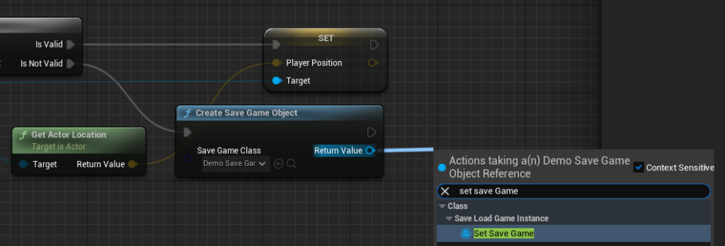 Setting the Save Game value to the output of the Create Save Game Object node.