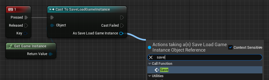 Calling the Save event from the Number 1 Key event Cast to Game Instance nodes.