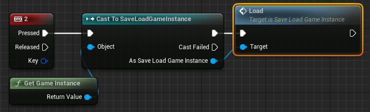 Calling the Load event from the Number 2 Key Cast to Game Instance nodes.