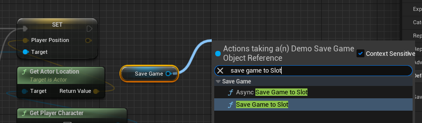 Creating a Save the Game to Slot node from the SaveGame variable.